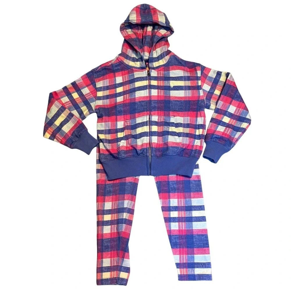 Polo Ralph Lauren Hoodie Leggings Set Girls M 8-10 Blue Pink Plaid Cotton‎ 2pc
